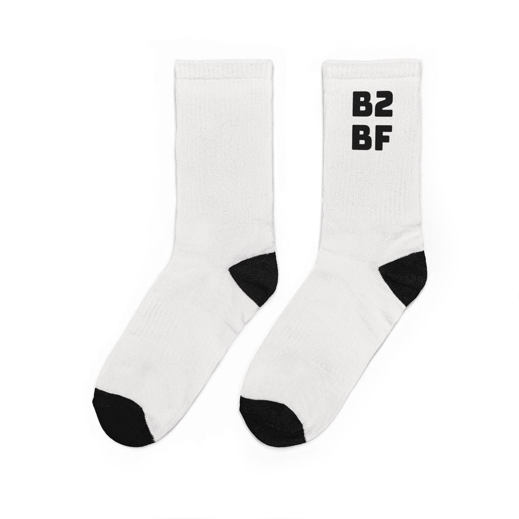 B2BF Logo Crew Socks — White Padded Athletic Socks with Black Heel/Toe