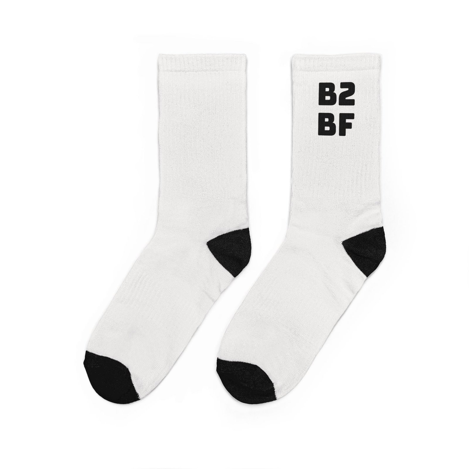B2BF Logo Crew Socks — White Padded Athletic Socks with Black Heel/Toe