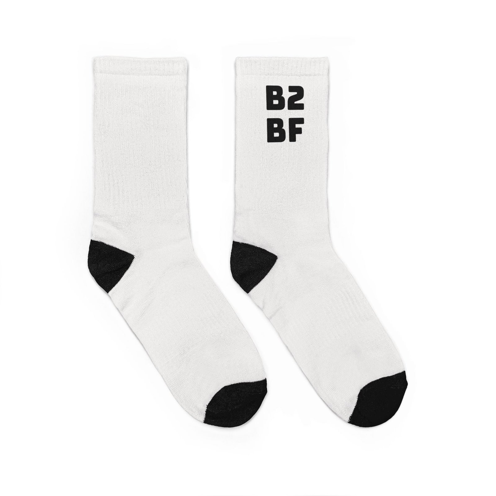 B2BF Logo Crew Socks — White Padded Athletic Socks with Black Heel/Toe