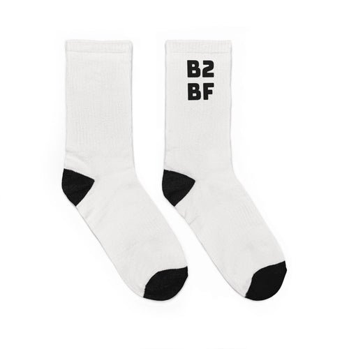B2BF Logo Crew Socks — White Padded Athletic Socks with Black Heel/Toe